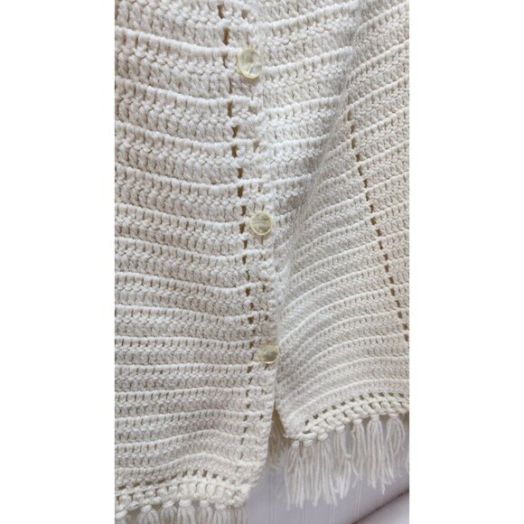 Handmade Wool Blend Crochet Cape With Fringe Trim & Button Closure - Picture 4 of 10